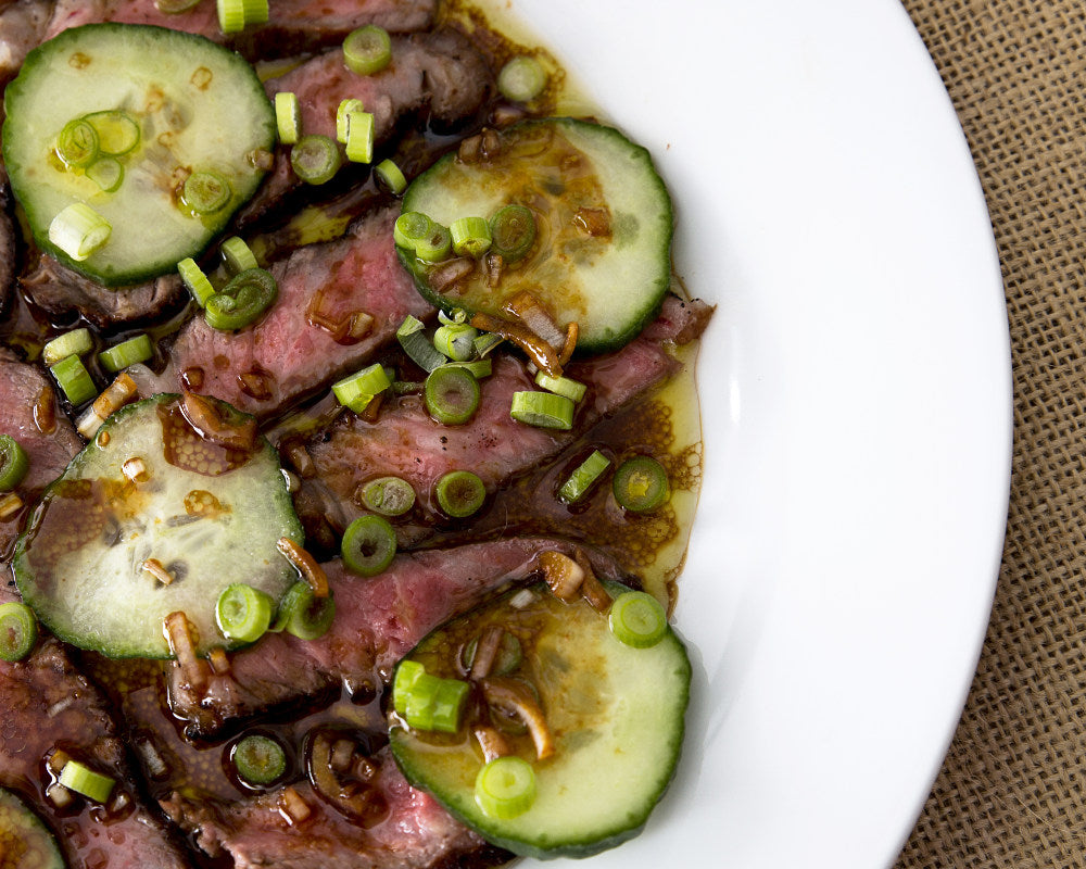 Cold leftover steak salad with cucumber and soy sauce vinaigrette