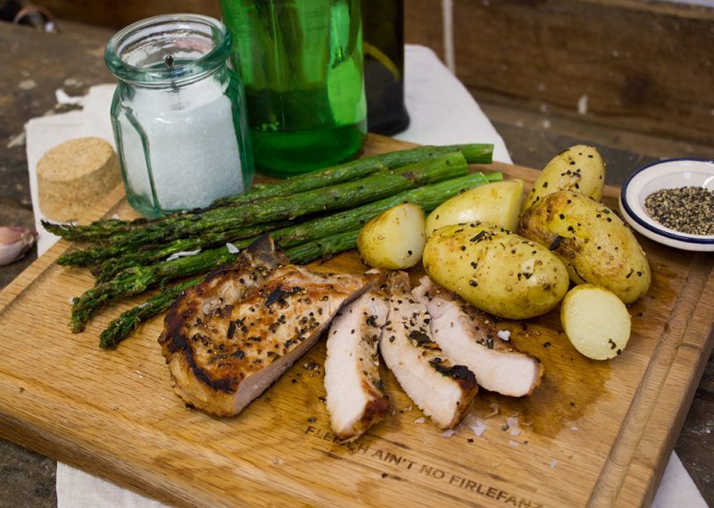 Grilled Iberico pork chops with garlic herb roasted potatoes