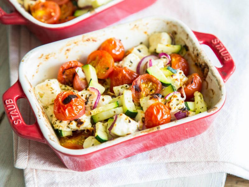 Grilled feta with vegetables and herbs