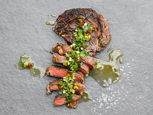 Ribeye Steaks with Spicy Chimichurri Sauce